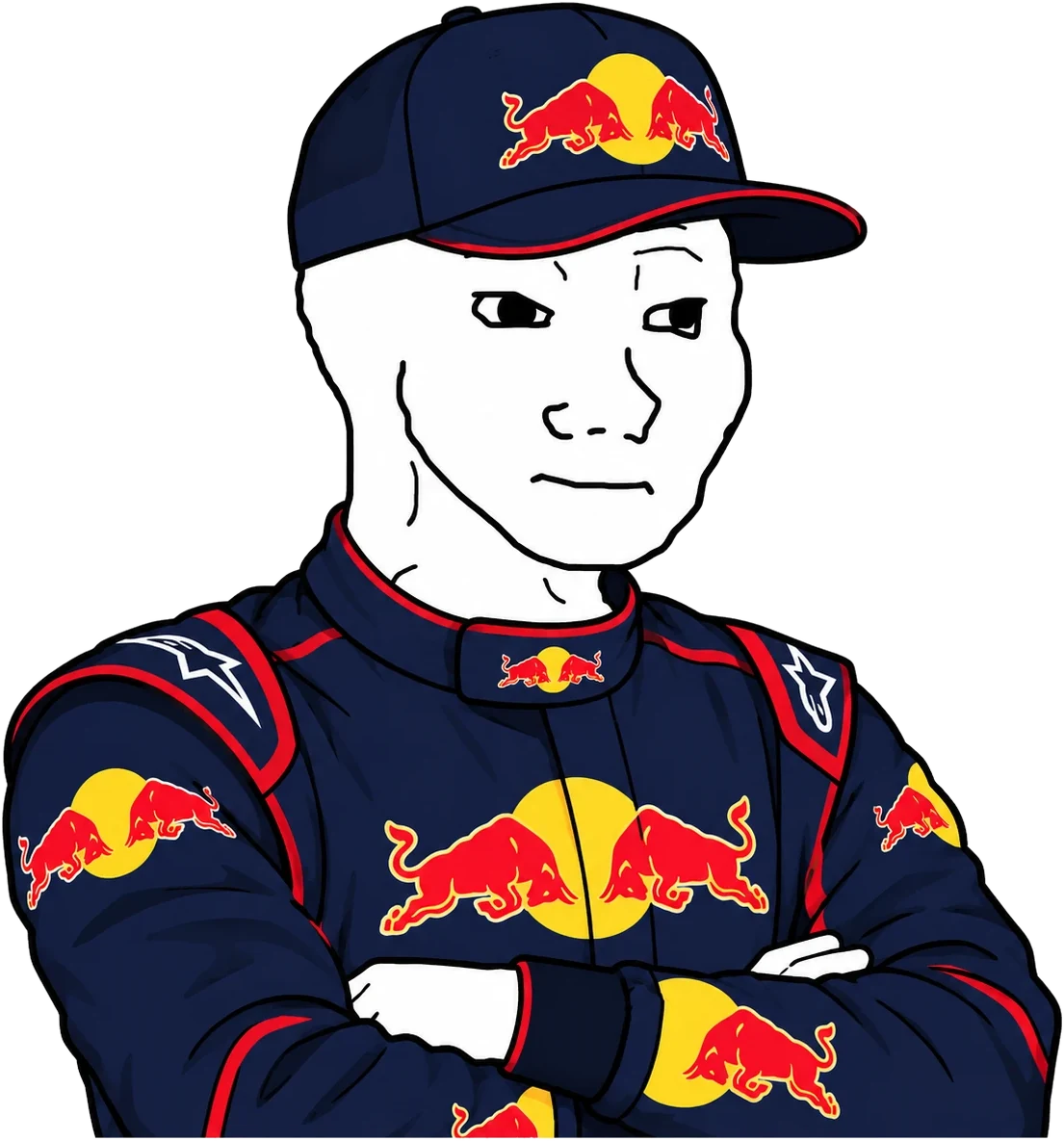 Wojak in a Red Bull racing suit and cap, arms crossed